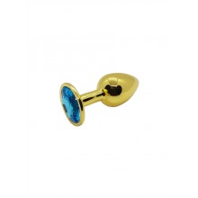 Анальная пробка металлическая золотая с голубым кристаллом Onjoy Metal Plug Gold Small